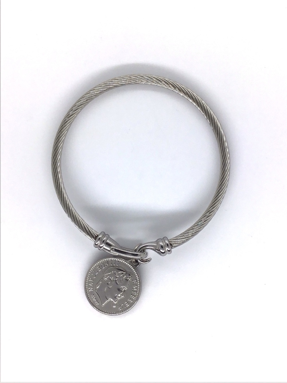 Stainless Steel Twisted Cable Coin Pendant Bangle Bracelet